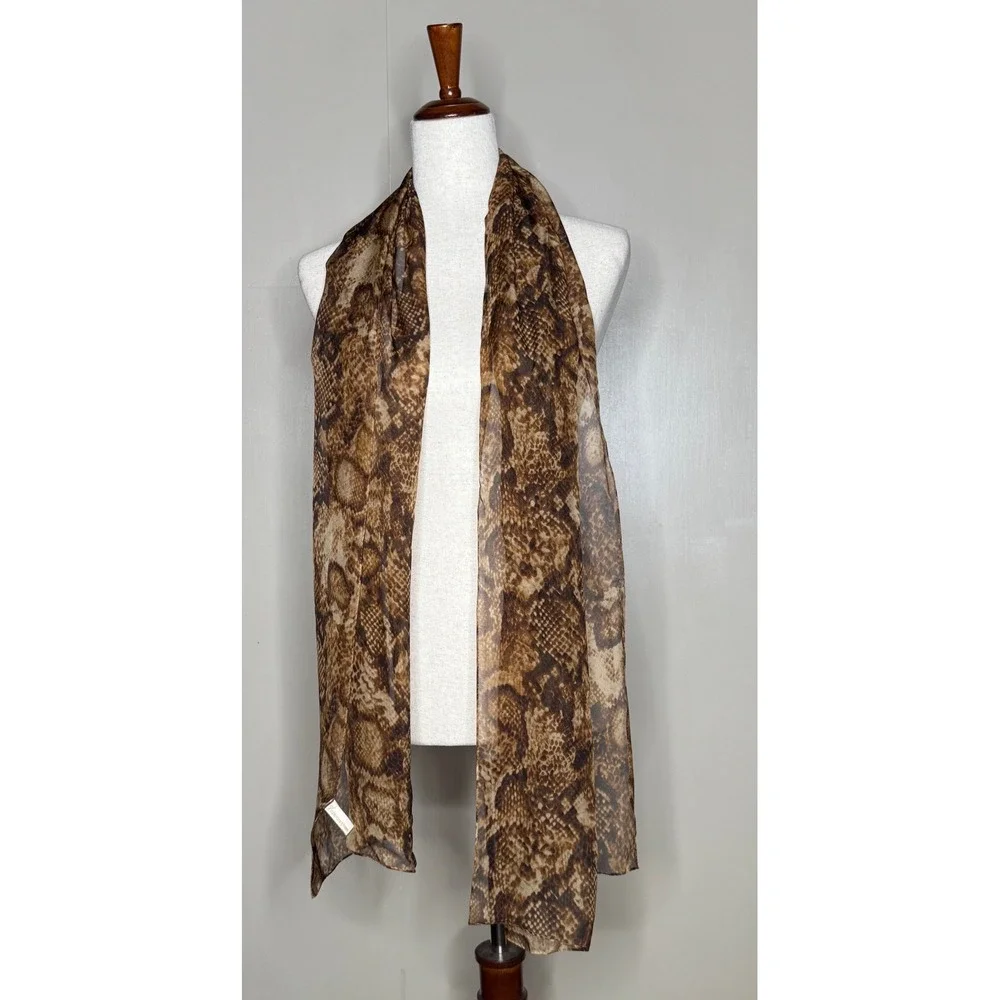 100% Silk Snakeskin Print Scarf Brown Animal Print Sheer Oblong‎ Wrap